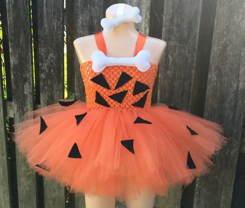 Girls Orang Pumpkin Triangle Tutu Dress Kids Crochet Tulle Straps Dress with Bone Hairbow Children Cosplay Party Costume Dresses