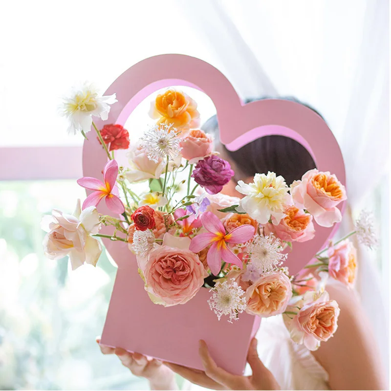 30pcs/lot Heart Portable Flower Box Flower Packaging Box Folding Flower Paper Box Florist Packaging Supplies