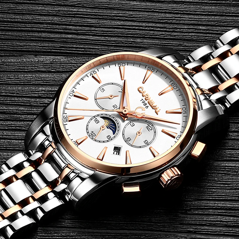 

CARNIVAL Business Mechanical Watches for Man SEAGULL Movement Automatic Watch Moon Phase Day and Date Display Reloj Hombre 2025