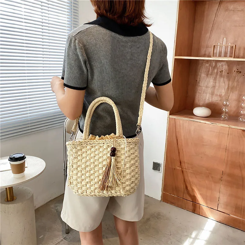 Woven Straw Bucket Shoulder Bags For Women 2021 Summer Straw Crossbody Bag Women Designer Handbags Travel Beach Holiday Tote Bag