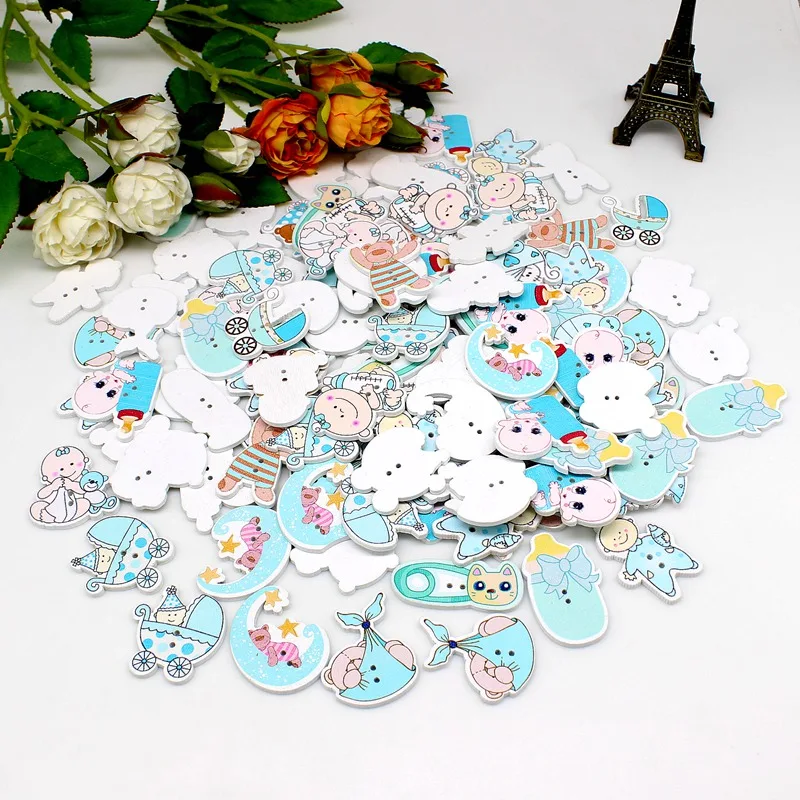 40PCs Random Mixed baby serie buttons decorative Lovely cartoon Wooden Buttons 2 Holes Wood Buttons Decorative guziki ozdobne