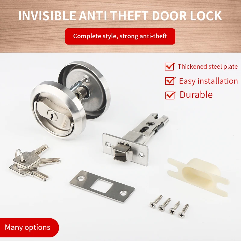 ZFOND pull ring double hooks interior door lock round luxury stainless steel invisible door handle anti-theft safe bedroom lock