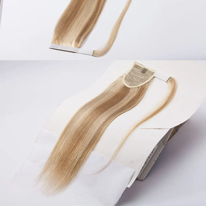 SEGO 80G-95G Corn Wavy Long Ponytail Hairpiece Wrap on Human Hair Non-Remy Clip in Hair Extensions Ombre Brown Pony Tail Blonde