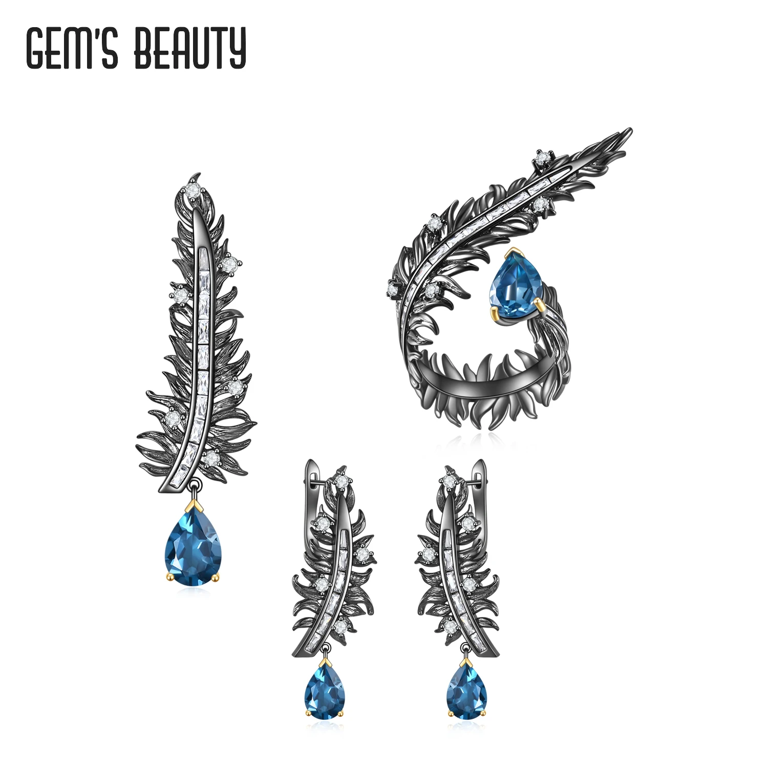 

Gem's Beauty Rings Earrings Brooch Vintage Feather 925 Sterling Silver Fine Jewelry Set For Women London Blue Topaz Jewelry Set