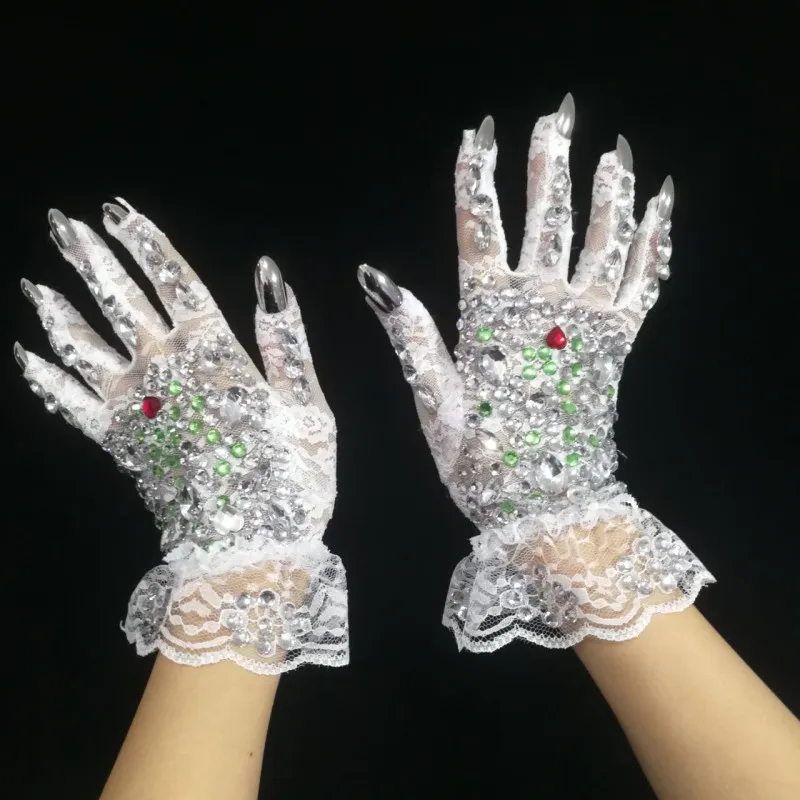 Stretch Rhinestones Gloves Mesh Transparent Short Mittens For Wedding Prom Lady Singer Dancer Stage Performance Party Wear