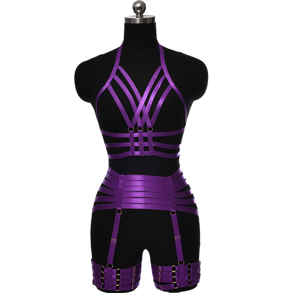 BONDAGE STRAPPY Women Sexy Lingerie Set Harness Bra Body Cage Bondage Stockings Garter Belt Pole Dance Elastic Adjust Suit