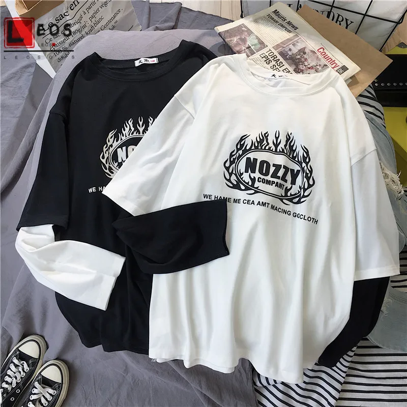 

Couples stripe tshirt harajuku long Sleeve oversized T-shirt for men and women Loose Clothing Casual Fake two Hip Hop tops