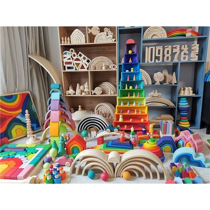 Kids Wood Rainbow Arch Stacker Pastel Building Blocks Semi-circle Balls Plate Unpaint Stacking Toys