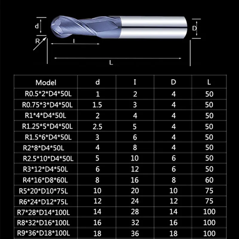 엔드 밀 밀링 커터 HRC45 볼 노즈 엔드 밀 Cnc 라우터 비트 밀링 도구, R0.5 R1 R2 R3 R4 R5 R6 절삭 공구