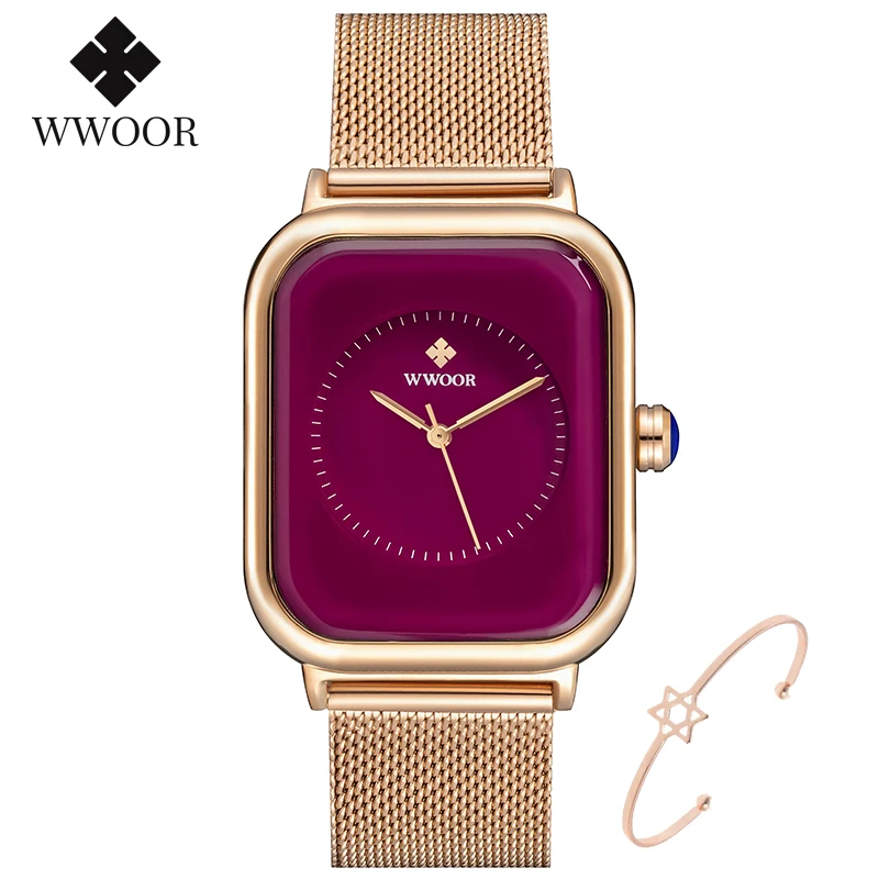 WWOOR Watches For Women 2024 Top Brand Luxury Purple Rectangle Quartz Wrist Watch Waterproof Steel Mesh Ladies Dress Watch Xfcs