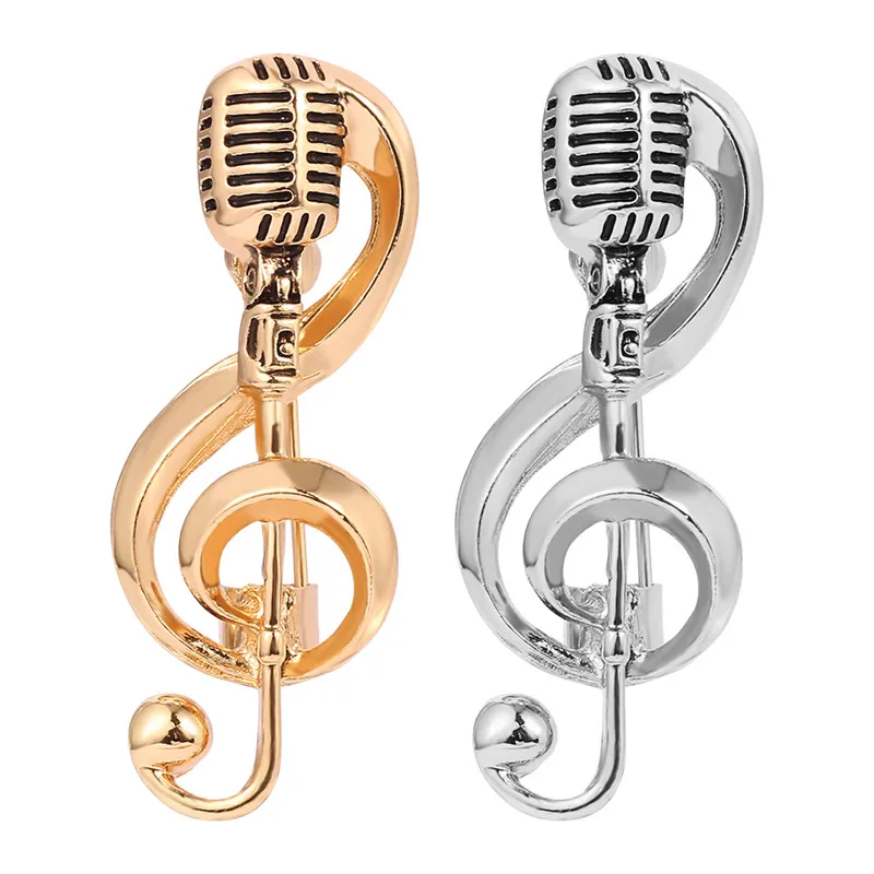 Rock Gold Color Microphone Brooch Pins Music Note Brooches For Women Men Hip Hop Lapel Pin Singer Club Badge Clothes Accessories