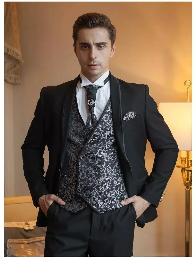 

Costume Homme Black Wedding Men Suits Floral Vest Groom Tuxedo Terno Masculino Bridegroom Slim Fit Party Blazer 3 Pcs