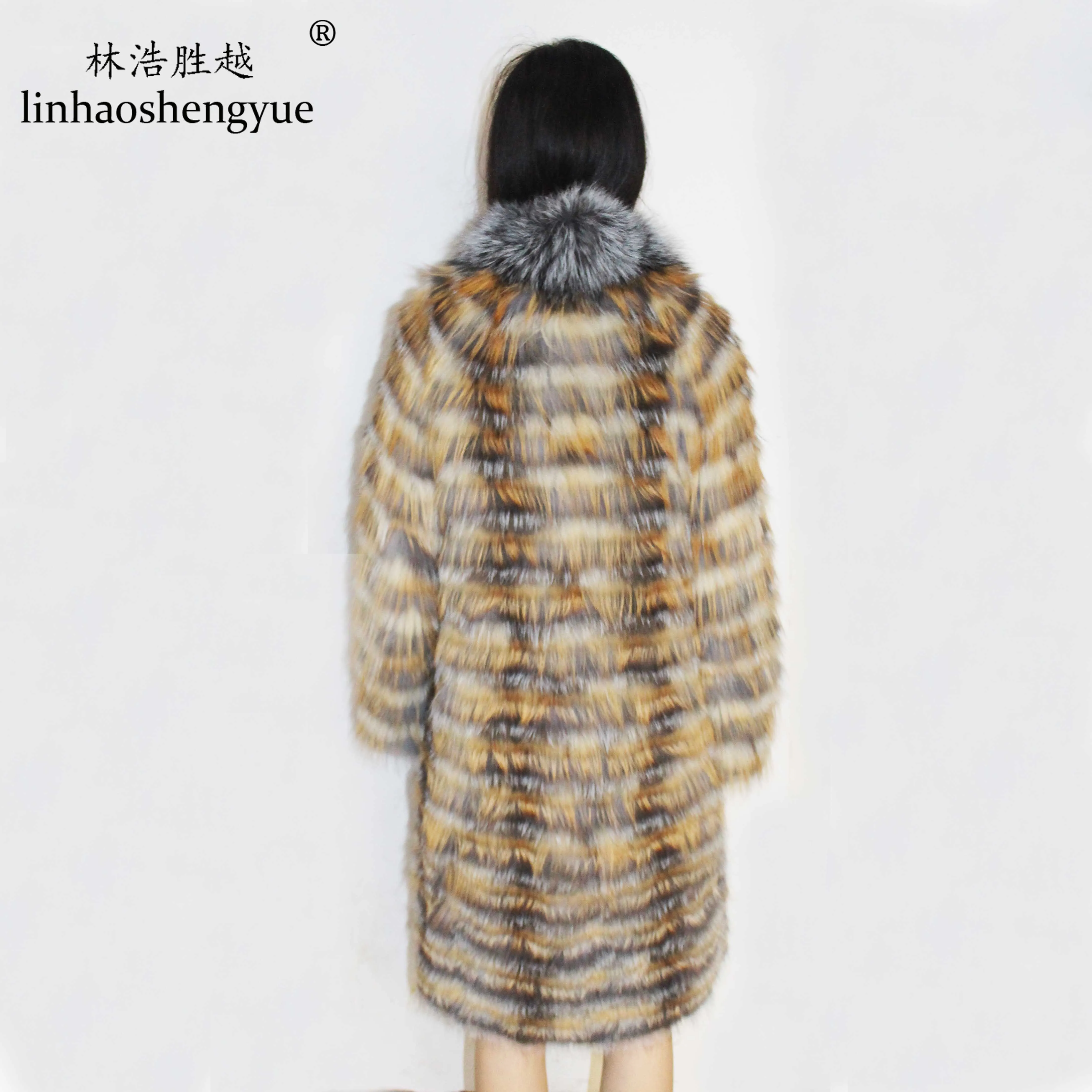 Linhaoshengyue-Long Fox Fur Coat, Wool Knit Liner, Stylish Stand Collar, 2020 New Hot