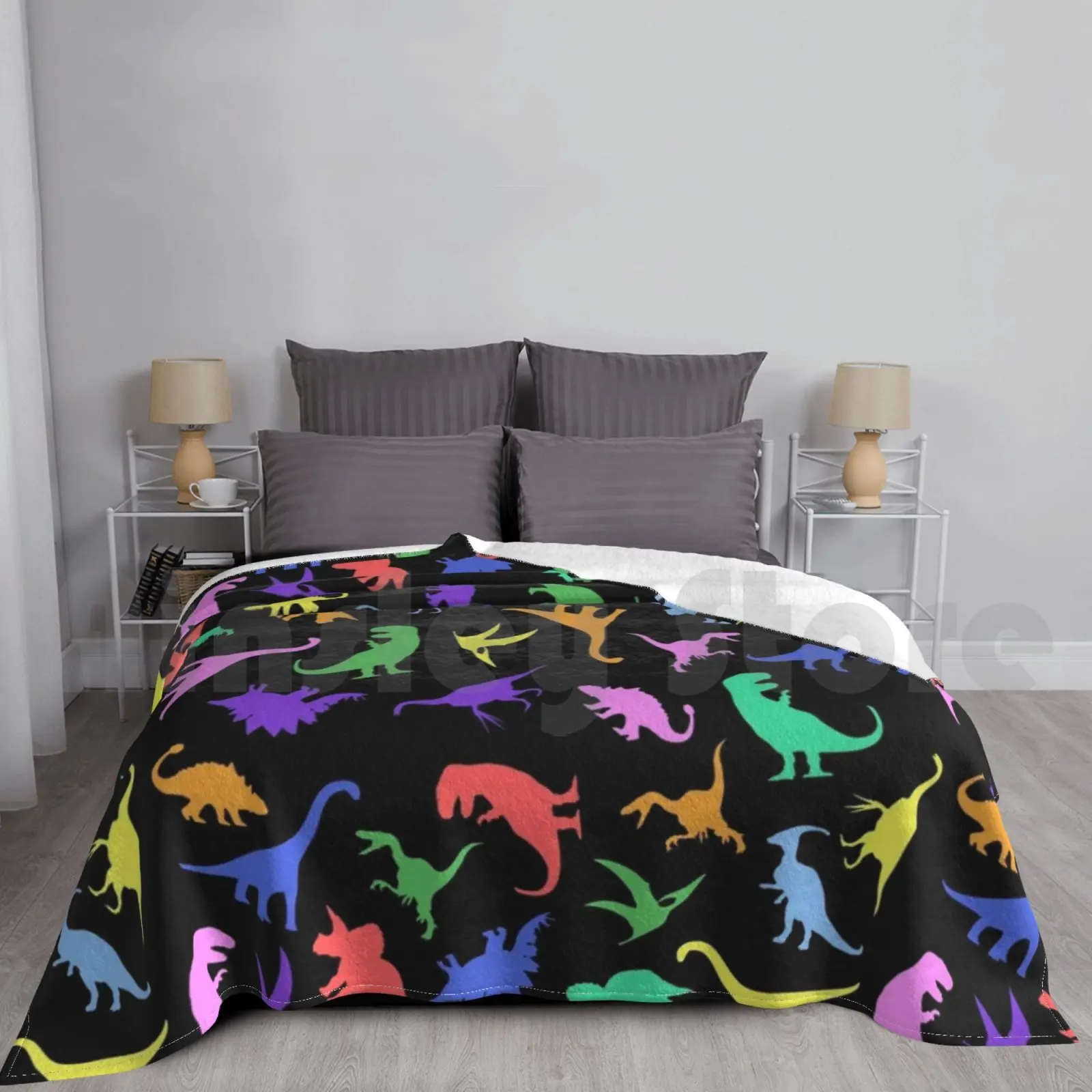 Fun Dinosaur Pattern ( Black Background ) Blanket For Sofa Bed Travel Dinosaur Dinosaurs Dino Dinos