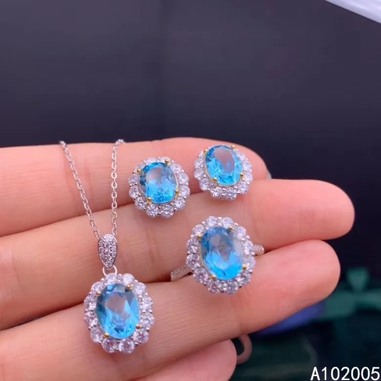 

KJJEAXCMY Fine Jewelry 925 Sterling Silver Inlaid Natural Blue Topaz Gemstone Ring Pendant Earring Set Luxury Supports Test