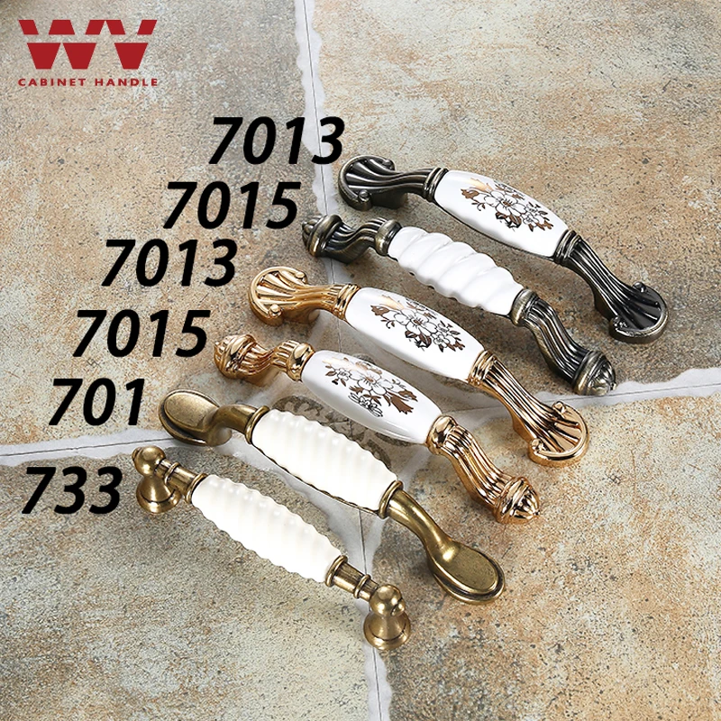 WV European Printing Ceramic Handle Modern Cabinet Wardrobe Door Handles Classical Gold Flower Knobs Handle Garden Pulls 7015