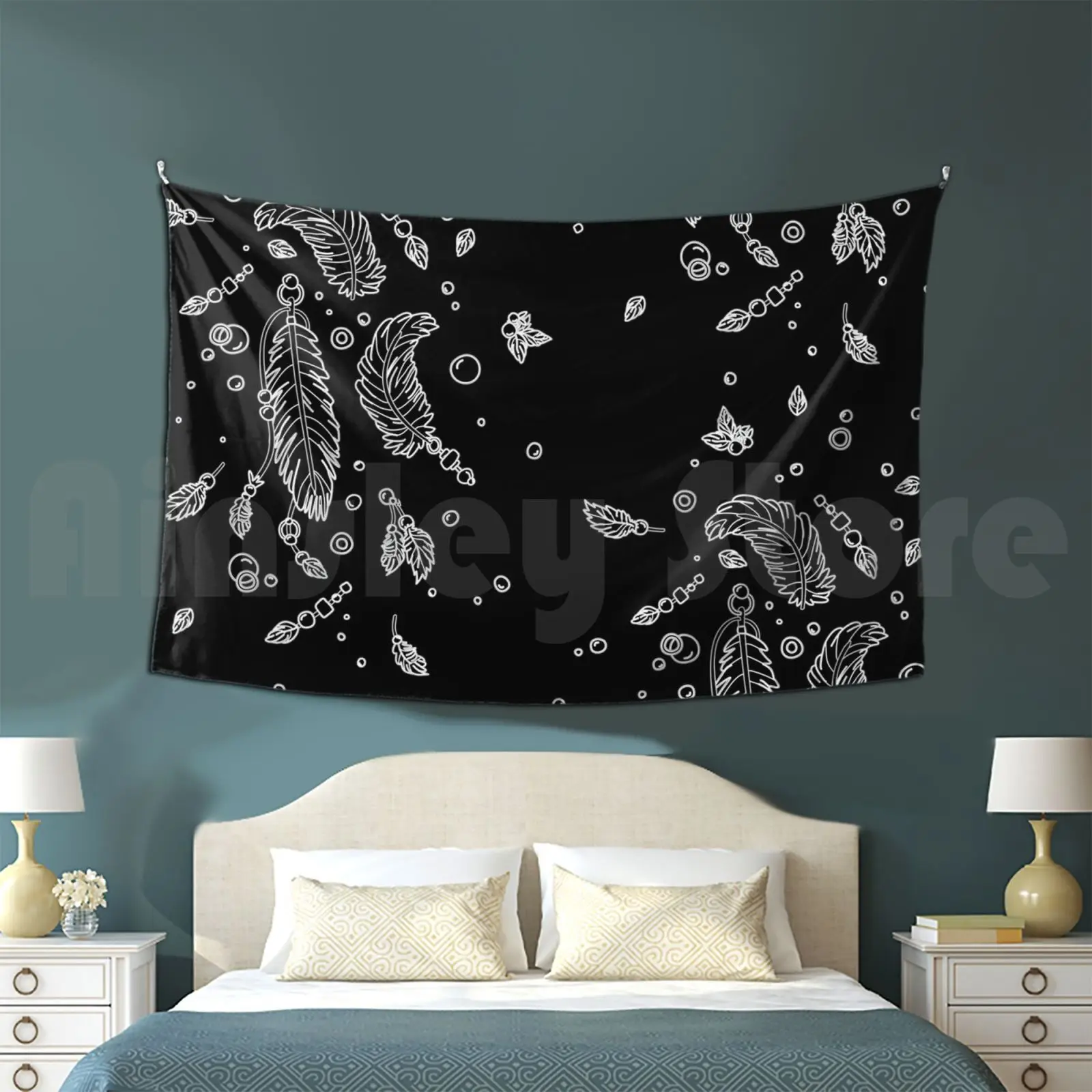 Black Feathers Pattern Customized Tapestry Black White Dark Feather Feathers Light Angel Angelic Bird