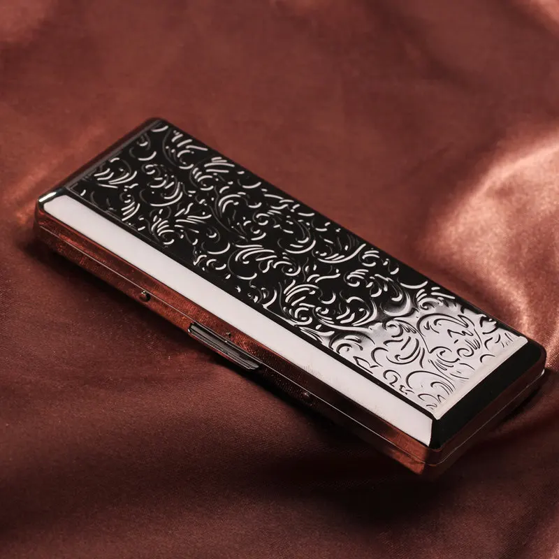 Slim Embossed Pattern 100s Cigarette Case Women Brass Metal Long Thin  Smoking Cigarette Box Bronze Black Silver 115*46*20mm