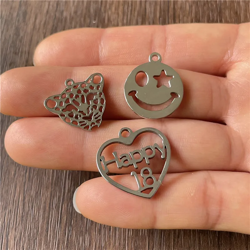 Metal Stainless Steel Hollow Leopard Head Happy 18 Years Old Smiling Face Pendant DIY Making Bracelet Necklace Connecting Piece