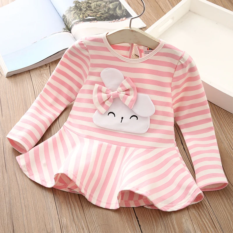 Fashion Spring Autumn 4 6 8 10 Years Long Sleeve O-Neck Cute Rabbit Bow Striped Patchwork Baby Children Cotton Kids Girl T-Shirt