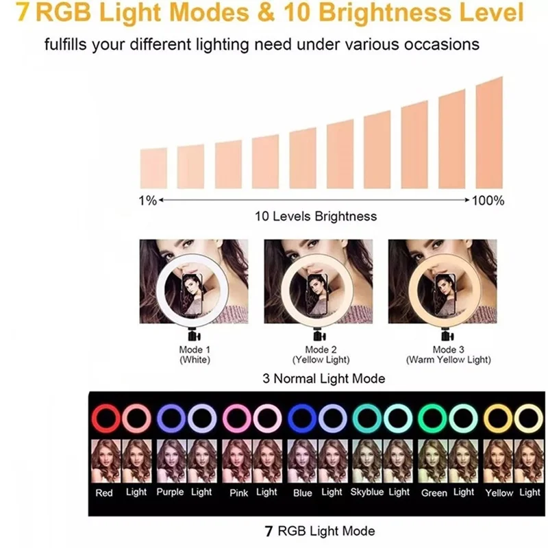 밝기 조절 RGB LED 셀카 링 필 라이트, 삼각대 포함 포토 링 램프, 메이크업 비디오 라이브, 셀룰러, 12 인치, 33cm