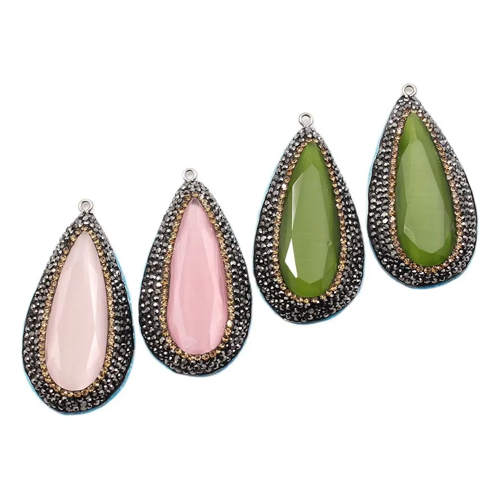 

APDGG 2Pcs 27x54mm Natural Pink Green Cat's Eye CZ Pave Water drop Connector Pendant Pearl Necklace Earrings Jewelry Making DIY