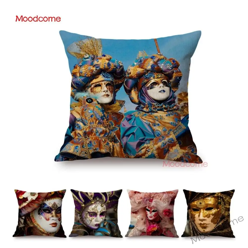 

Home Decorative Sofa Throw Pillow Case European Luxury Art Venice Carnival Mask Gold Pink Party Decor Cotton Linen Cushion Cover