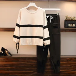 Women Plus Size Winter Warm Suit Loose Knit Sweater Tops And Woolen Pants Matching Set Outfit Large Two Piece Set Female Clothes