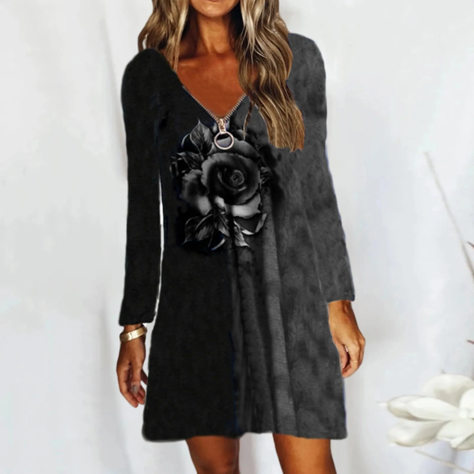 

Vintage Women's Casual Dress Elegant Ladies Sexy Zip Rose Print V-neck Zipper Long Sleeve Swing Mini Dress Vestidos Sundresses