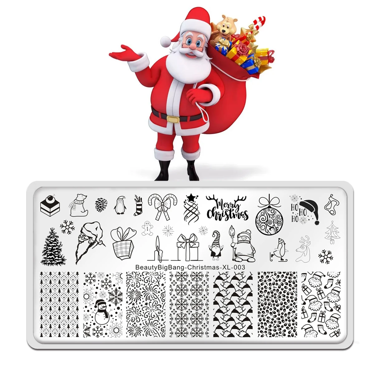 Beautybigbang Stainless Steel DIY Image Nail Art Template Stencil Tool Christmas Tree Snow Gift Candy Style Nail Stamping Plate