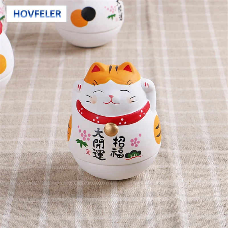 

HOVEFELER Japanese Ceramic White Lucky Cat Ornaments Tumbler Home Decoration Business Fortune Cat Figurine Accessories Gifts