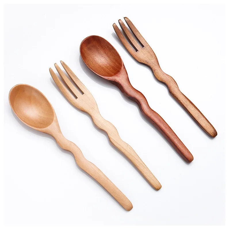 Natural Wooden Spoon Fork Dinner Rice Soups Utensil Handmade Home Tableware Dinnerware Cutlery For Kicthen Restaurant Flatware