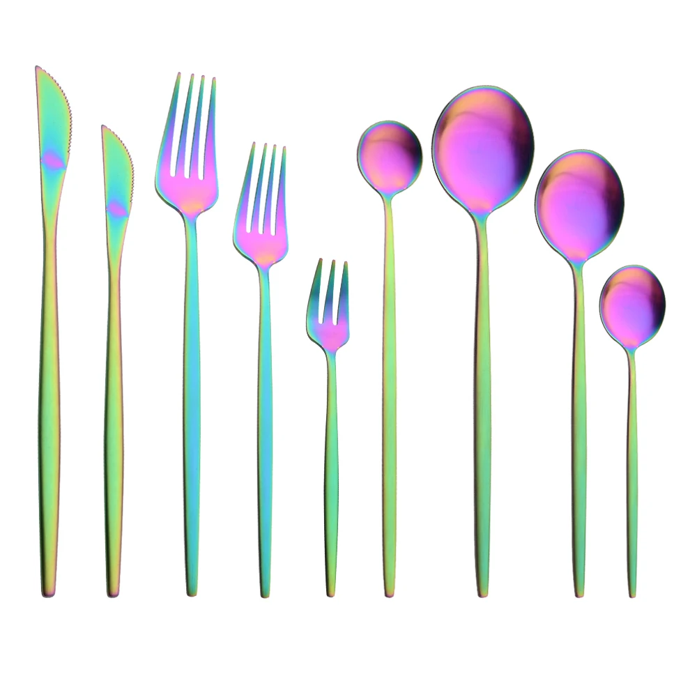 Matte Rainbow Tableware Cutlery Set Stainless Steel Dinnerware Dinner Party Silverware Fork Spoon Knife Fruit Fork Flatware Set