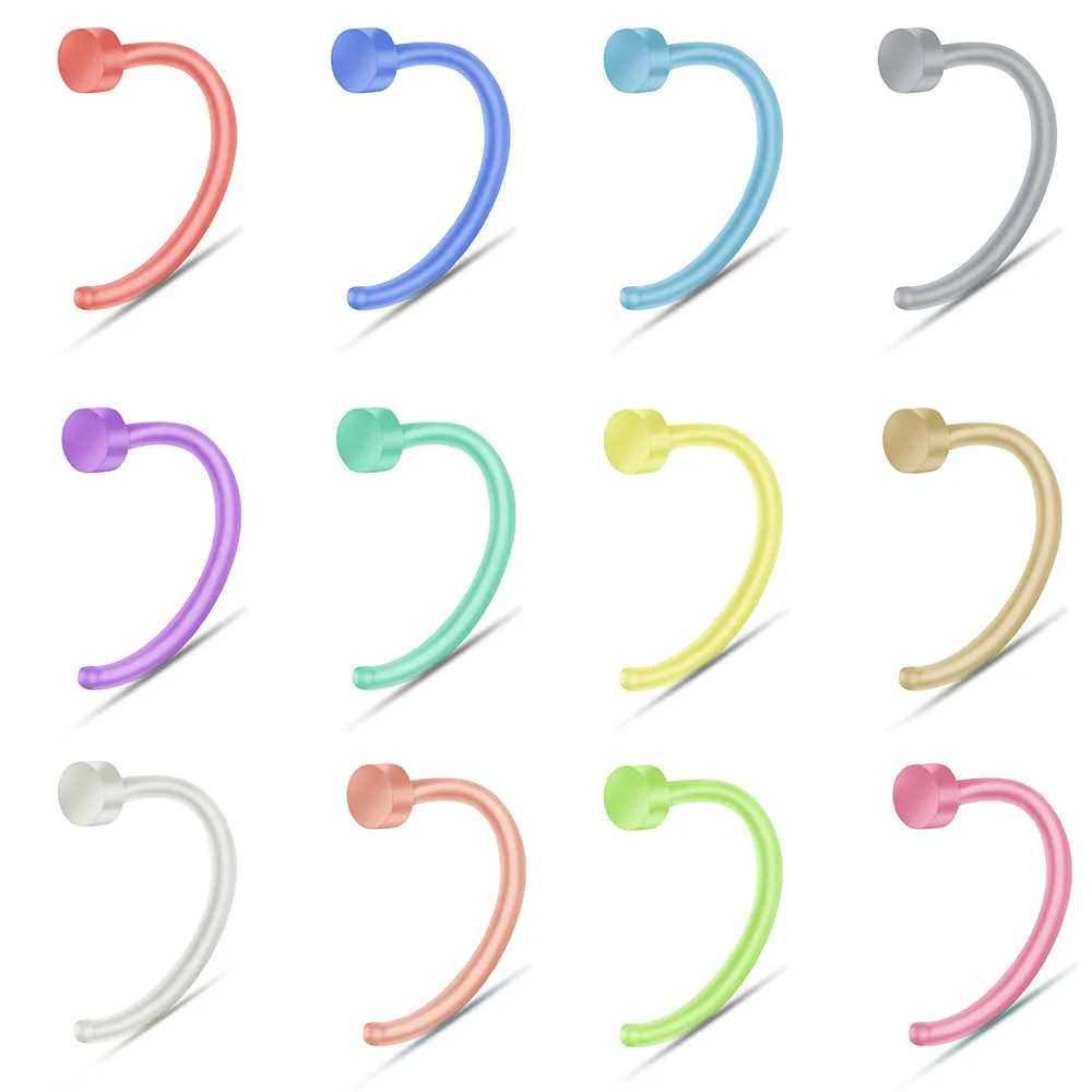 12PCS Punk Plastic Bioflex Nose Piercing Jewelry 20G Flexible Nose Retainer for Women Punk Acrylic Nose Rings Hoop Body Jewelry