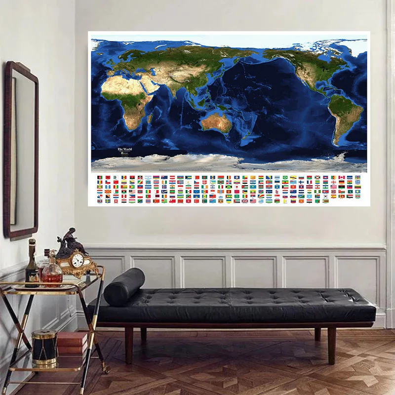 150*100 Cm De Wereldsatellietkaart Met Landvlaggen Niet-Geweven Canvas Schilderij Muurkunst Poster Woonkamer Huisdecoratie