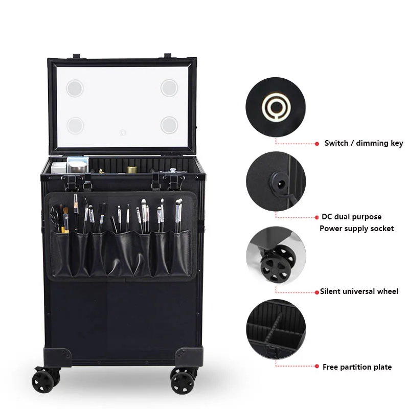 Professional Heel Makeup Artist Metal Trolley Suitcase Double-Deck High-Capacity With Lamp Beauty Manicure Embroidery Tool Case