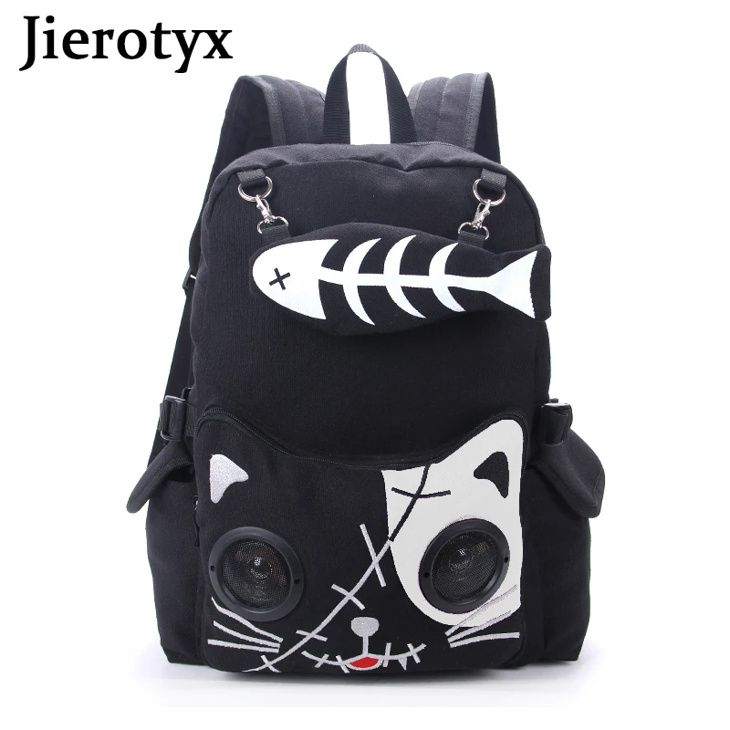 JIEROTYX damskie torby głośnikowe Cat Animal plecak gotycka wtyczka typu Plug Play Fish Bone Girls prezent plecak płótno kobiety Bluetooth