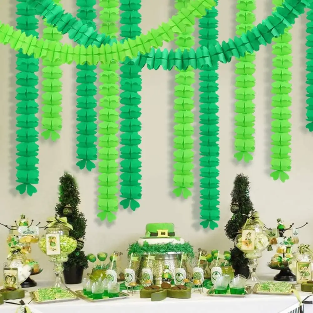 4Pcs Green Paper Leaf Pull Garland Four Leaf Shamrock Clover Streamer Backdrop Banner Hanging St. Patrick’s Day Party Decoration