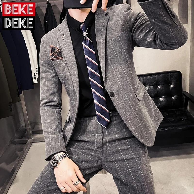 Style England Men Business Casual Blazer 3 Pieces Set Vintage Plaid Slim Single Button Wedding Suit Jackets Shirts Pants Set