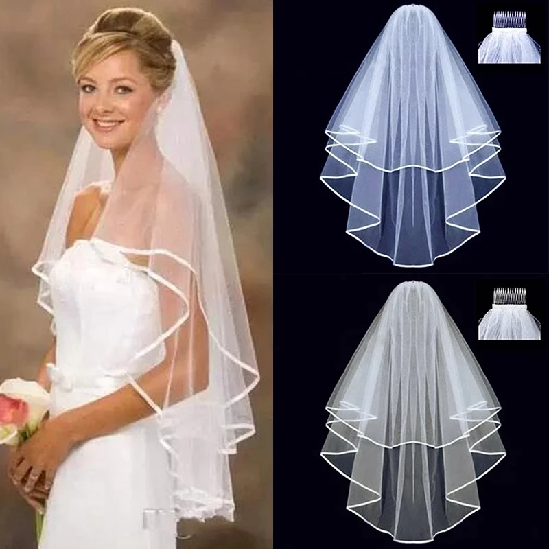 Véu nupcial simples de tule com pente para mulheres, marfim branco, duas camadas, borda de fita, acessórios baratos para noiva, casamento curto, 75cm