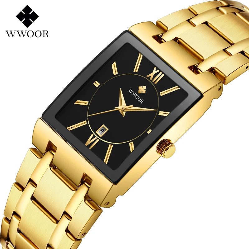 Fashion Stainless Steel Watches Men 2024 WWOOR Square Waterproof Quartz Watch Men Top Brand Luxury Gold Black Wristwatch For Man