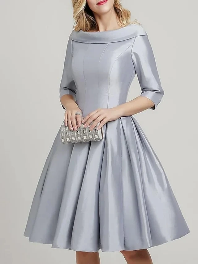 2022 Silver โมเดิร์นชุดราตรี Elegant Jewel เข่าความยาวซาตินกับ Pleats ชุดราตรี Robe De Soiree