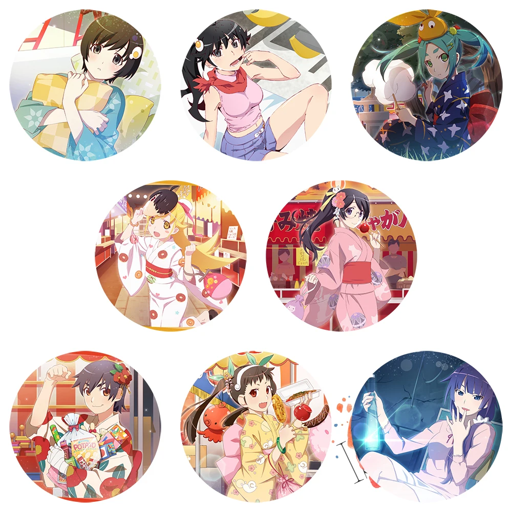 Monogatari Series Anime Badge Shinobu Mayoi Karen Tsubasa Yotsugi Hitagi Araragi Tsukihi Metal Badge Brooch Pins