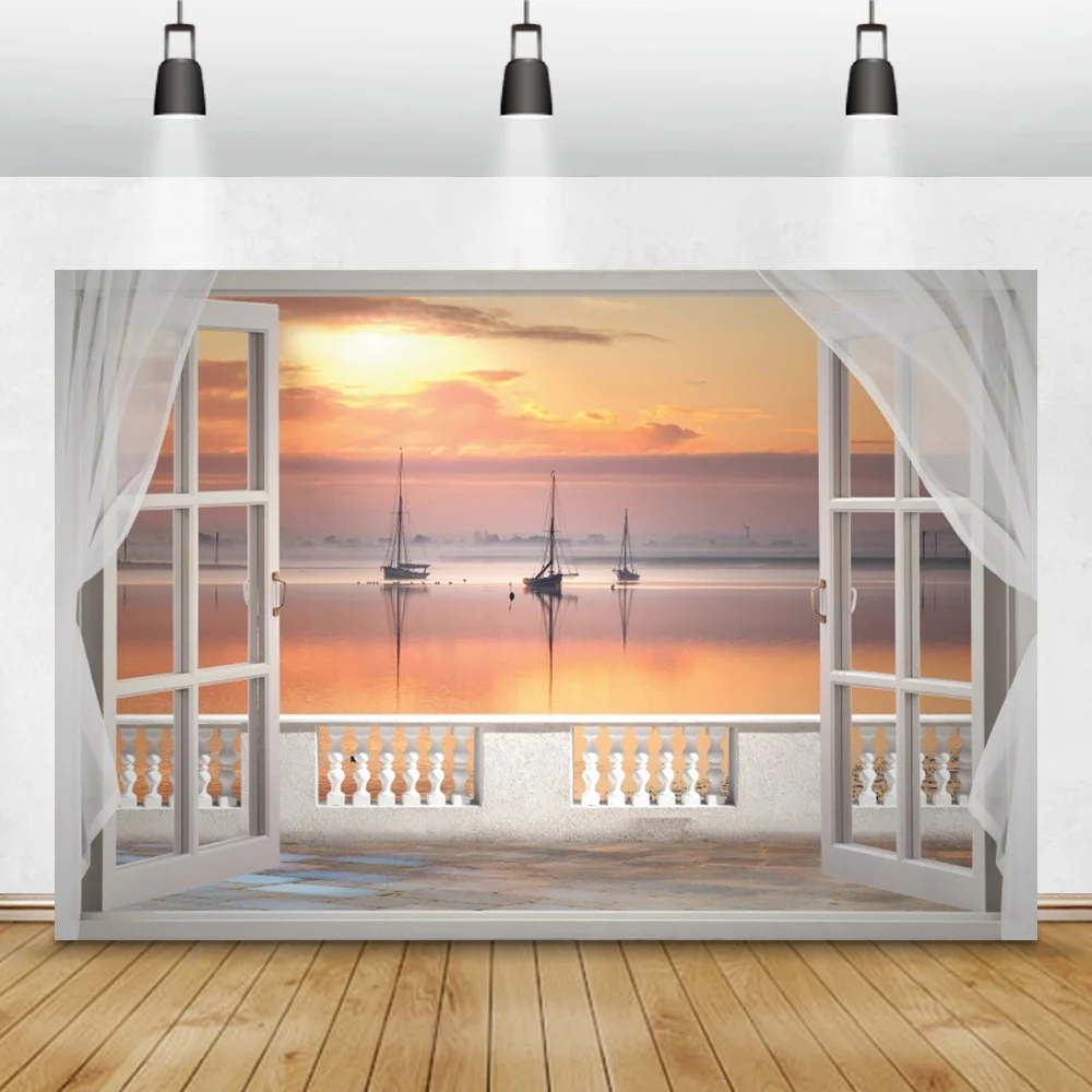 Laeacco Sunset Sea Window Outside Natural Scenery Photography Backdrop Curtains Sailboat Photocall Photo Background Photo Studio