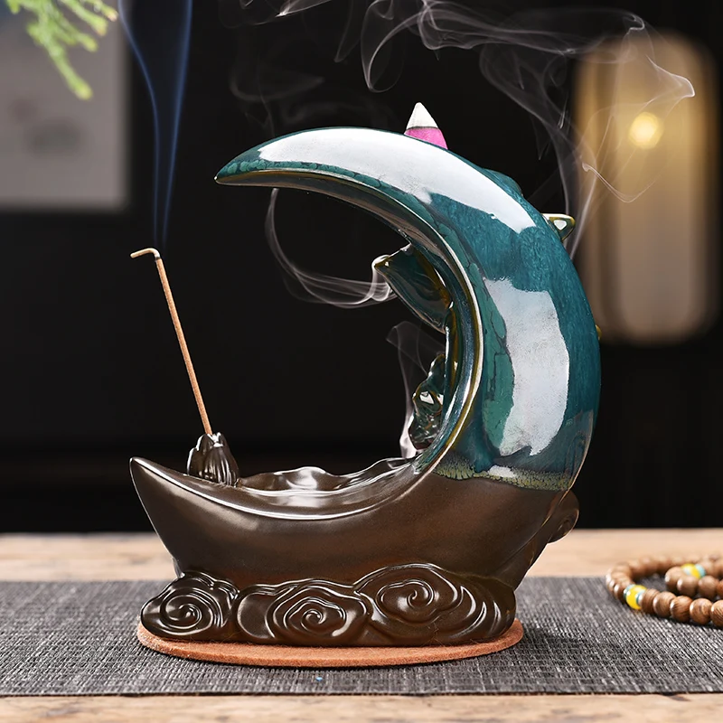 Smoke Waterfall Backflow Incense Burner Creative Lotus Pond Moon Incense Holder Portable Ceramic Censer Handicrafts Home Decor