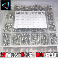 360Pcs/Box 24Values 5x20mm Fast Glass Fuse Kit 0.2A 0.5A 1A 2A 3A 5A 6A 8A 10A 15A /250V 5*20 Insurance Tube Package