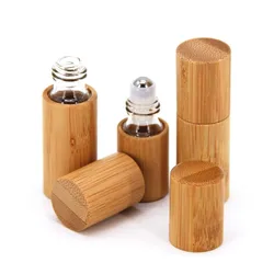 Botella de madera de bambú de 3ml, 5ml, 10ml, botella de aceite vacía para Perfume, rollo inoxidable en bola, botella de Perfume para aromaterapia, botella con rodillo de aceite