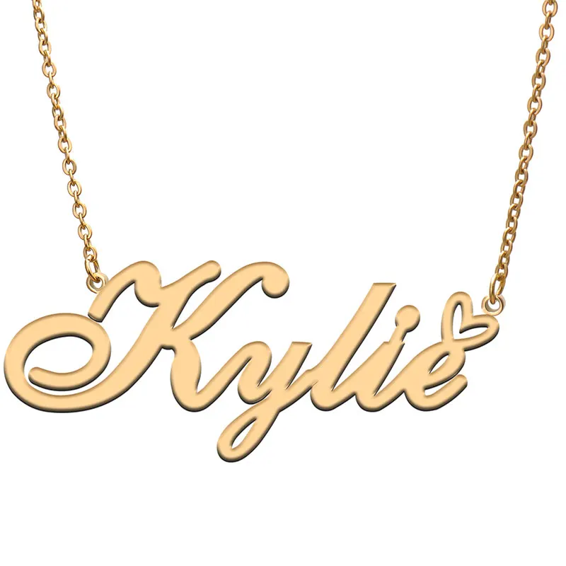 Kylie-collar de nombre con corazón de amor para mujer, joyería de acero inoxidable, colgante de placa de identificación, regalo para madre, niño y niña