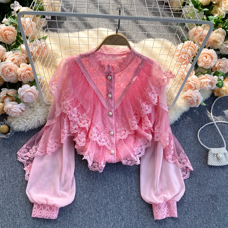 2022 New Spring Shirts Solid Ruffles Lace Patchwork Elegant Women Blouses Tops Puff Sleeve Single Breasted Blusas