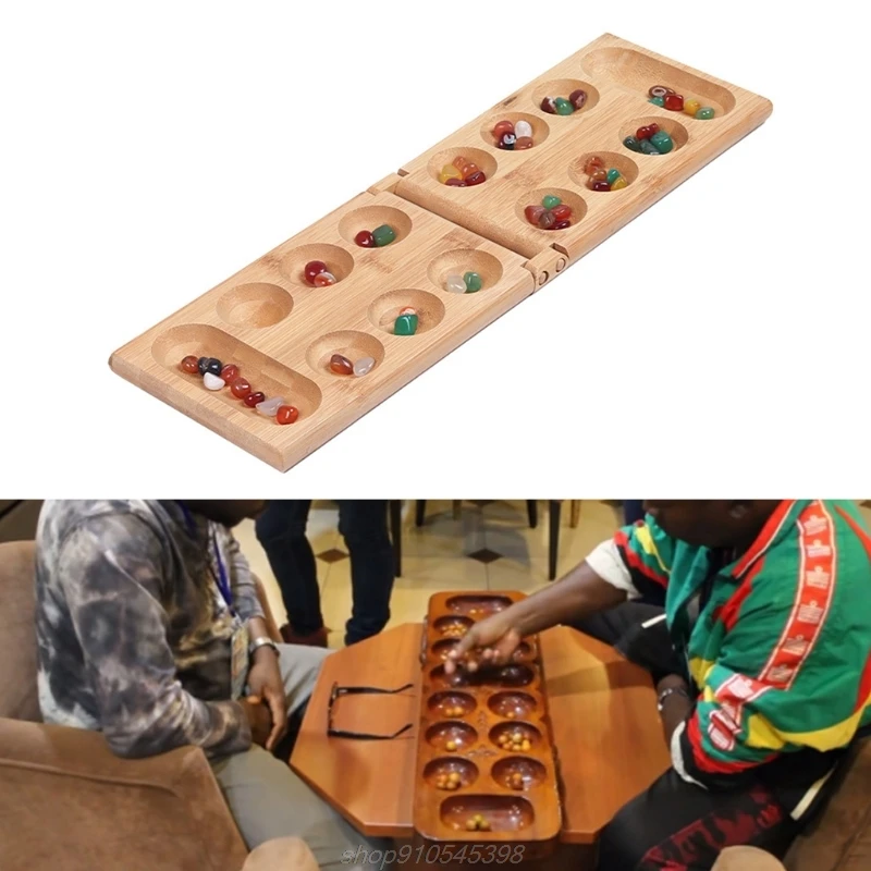 Africa Mancala Board Game with Colorful Natural Stones Pebbles Folding Wooden Board Chess Set for Kids Adult A27 21 Dropship